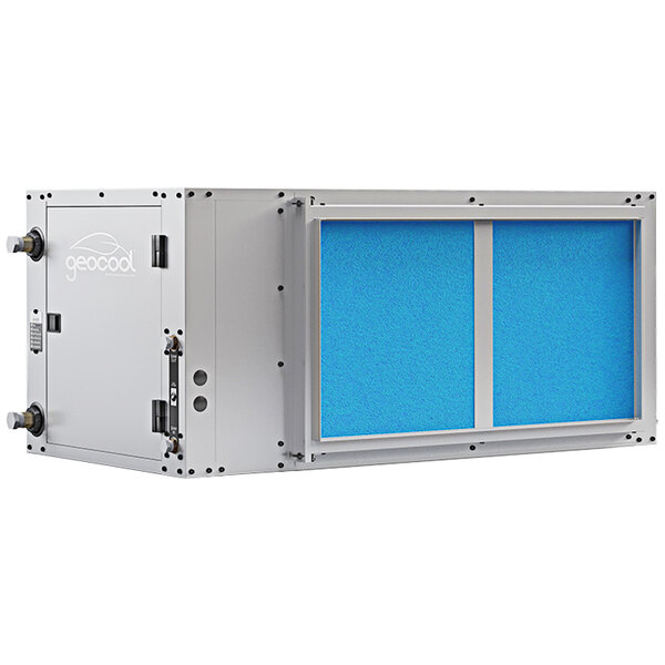 A white box with a grey and blue MRCOOL Geothermal heat pump inside.