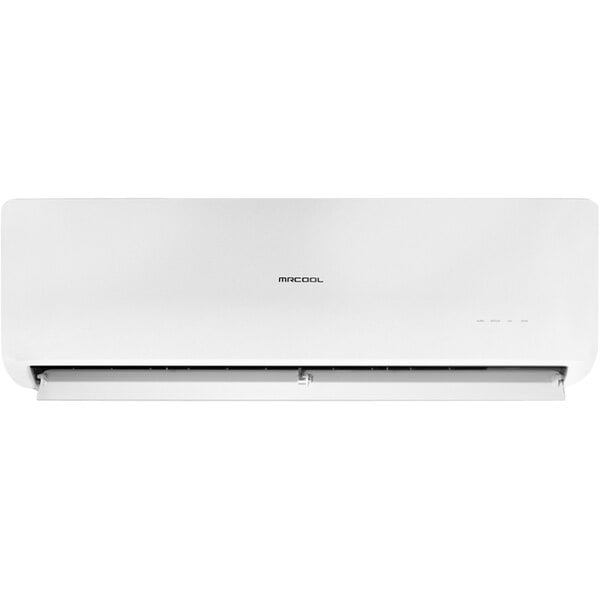 A white MRCOOL Olympus wall mount ductless mini-split air handler with a remote control.