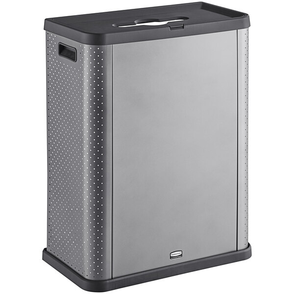 A dark gray rectangular Rubbermaid Elevate mixed recycling container with a black lid.