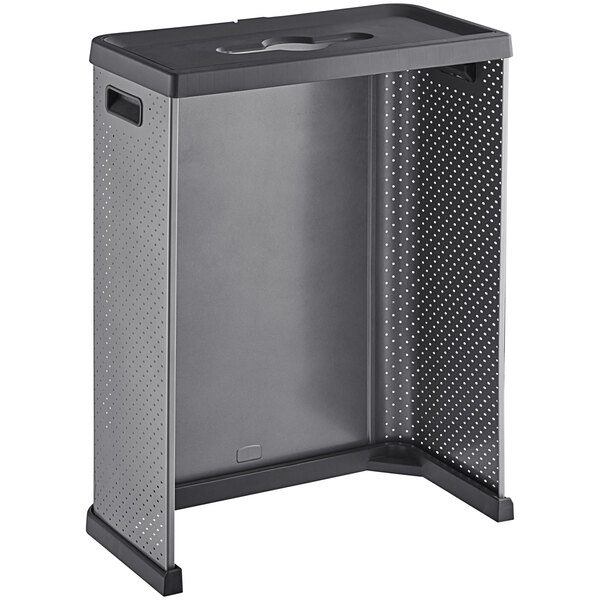 A dark grey rectangular Rubbermaid shell with a black lid.