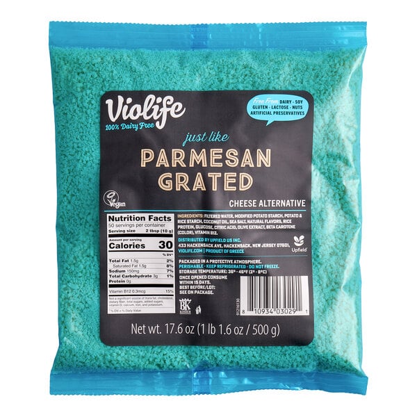 A bag of Violife Just Like Parmesan Vegan Grated Cheese alternative, 1.1 lb.