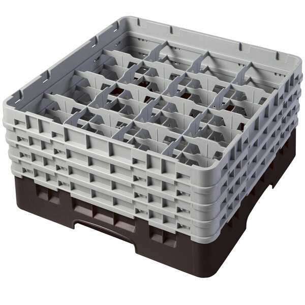 A brown Cambro glass rack with 16 compartments and 4 extenders.