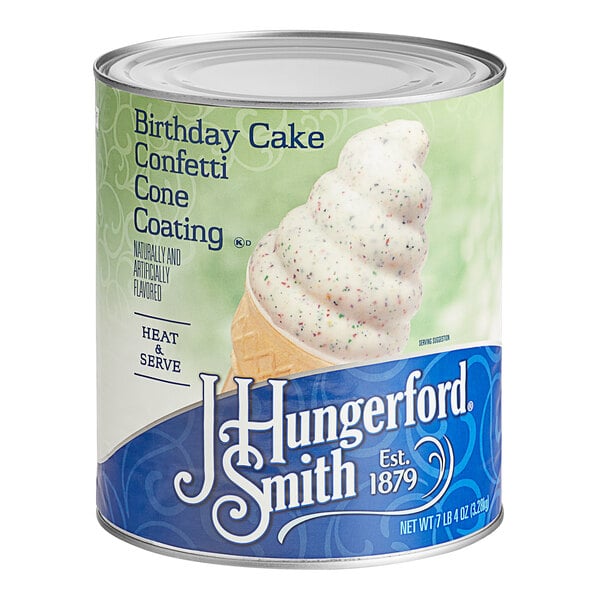 A J. Hungerford Smith #10 can of birthday cake confetti cone shell coating.