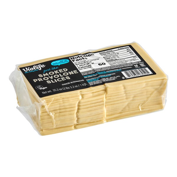 A package of Violife Just Like Smoked Provolone vegan cheese slices.