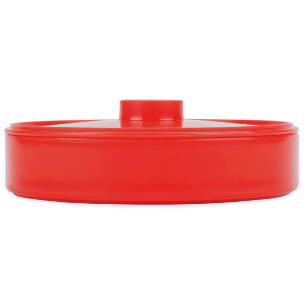 A red plastic container with a red lid.