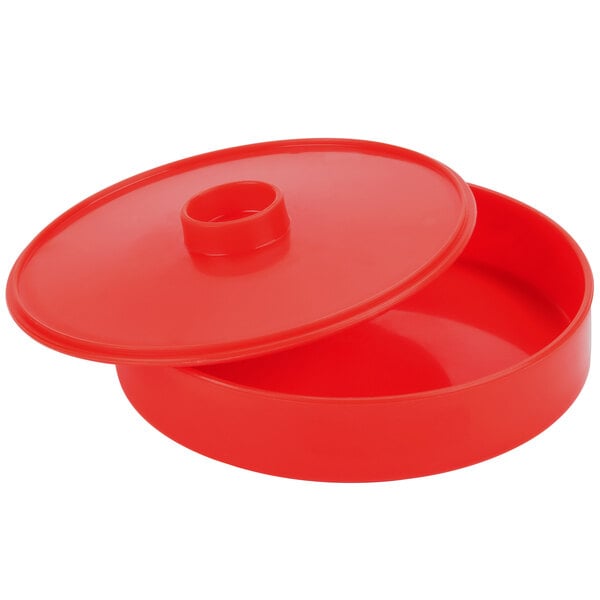 A red polypropylene tortilla server with a lid.