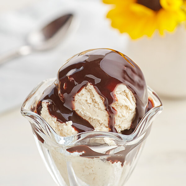 A scoop of J. Hungerford Smith chocolate fudge topping on a sundae.