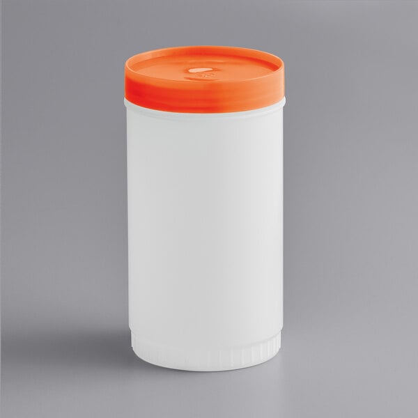 A white plastic container with an orange cap.