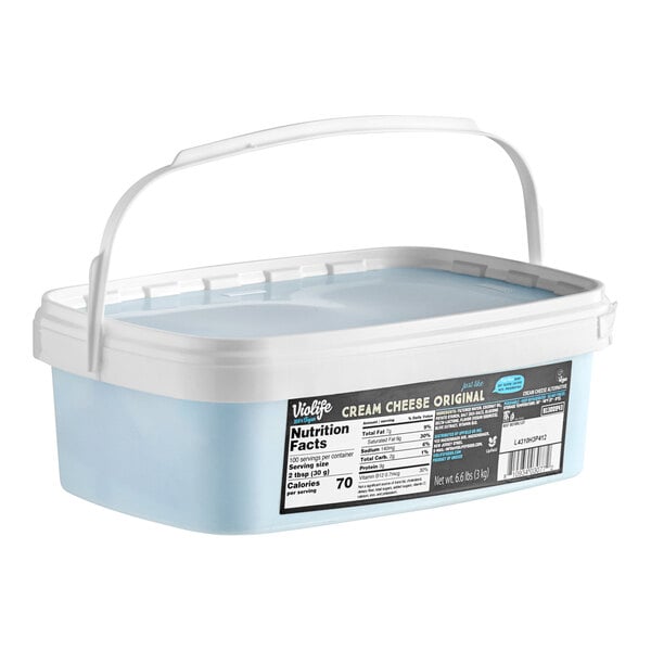 A white plastic container of Violife Just Like Original Cream Cheese with a handle.