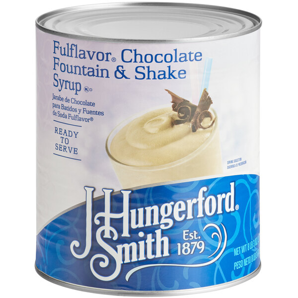 A J. Hungerford Smith #10 can of Fulflavor chocolate fountain & milkshake syrup with a blue label.