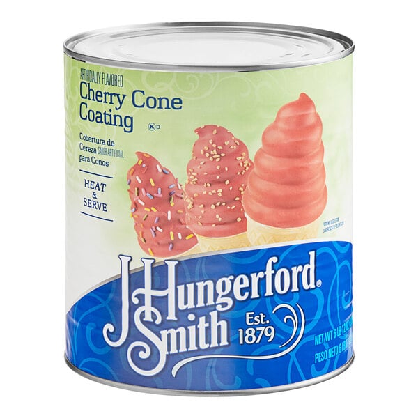 A J. Hungerford Smith #10 can of cherry cone shell coating with a pink frosted ice cream cone with sprinkles.
