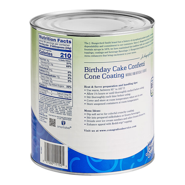 A J. Hungerford Smith #10 can of birthday cake confetti cone shell coating with a label.
