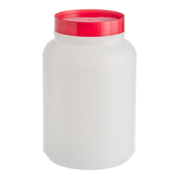 A translucent plastic 2-quart container with a red screw-on cap.
