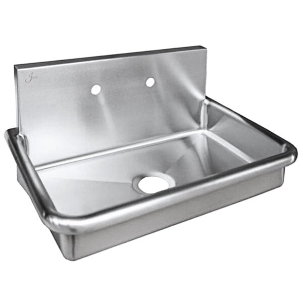 A Just Manufacturing stainless steel surgeon scrub sink with 2 faucet holes.