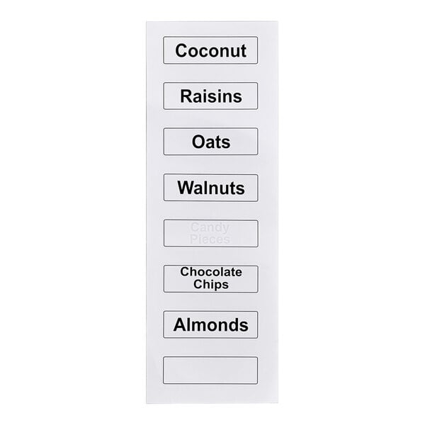 A sheet of Baker's Lane ingredient bin labels for baking toppings and add-ins.