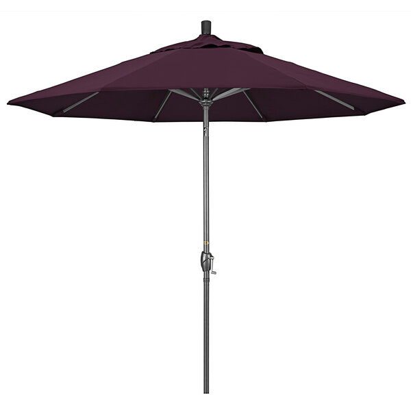A close up of a purple California Umbrella on a metal pole.