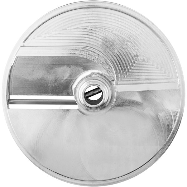 A silver metal Nemco 3/8" soft slicing disc with a circular design and a hole in the center.