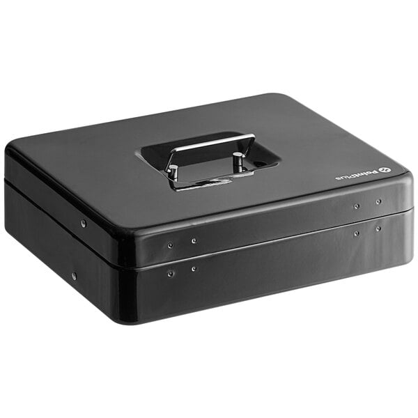 A black metal Point Plus cash box with a handle.