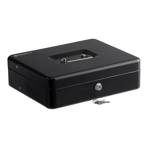 A black cash box with a tiered coin tray and a lock, shown with two keys.