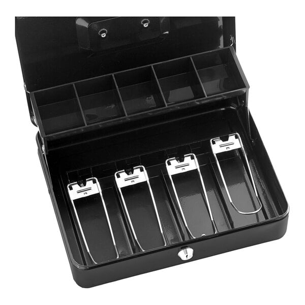 A black cash box with a tiered coin tray and multiple compartments for organizing coins and bills.
