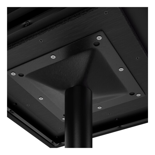 A close-up view of the underside of a rectangular bar height table with a textured mixed plank finish and a metal base plate.