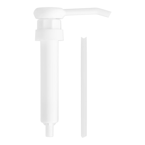 A white plastic Carnival King condiment pump with a long white tube and locking pump head.