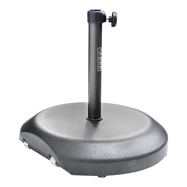 A California Umbrella black metal umbrella stand with a black pole.