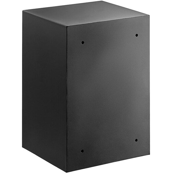 A black steel security safe with a lid on top and holes in the front.