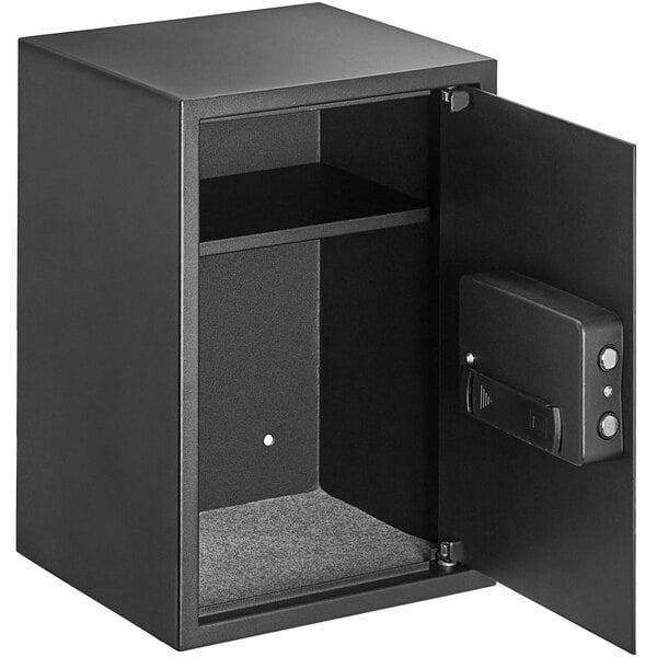 a black safe with a shelf