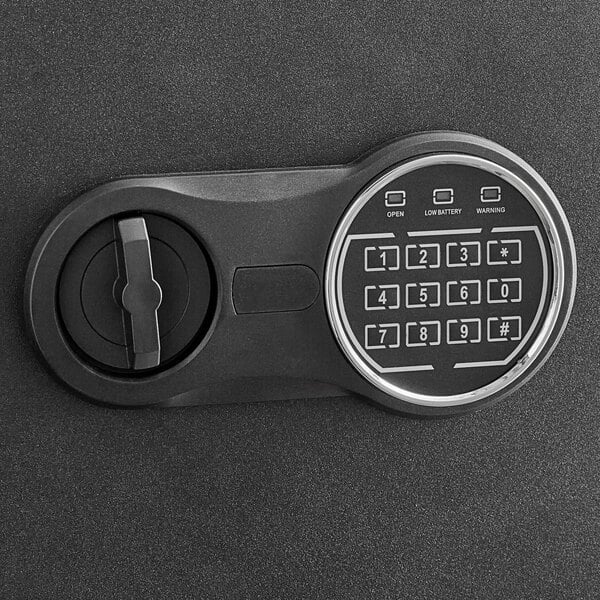 A black steel security safe with an electronic keypad lock.