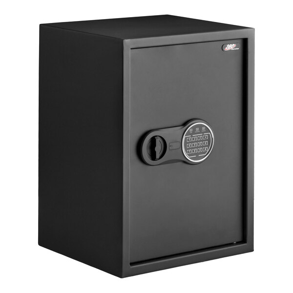 A black steel security safe with an electronic keypad lock.