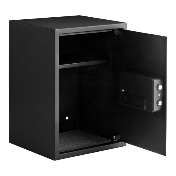 A black steel security safe with an electronic keypad lock and an open door, featuring an interior shelf.