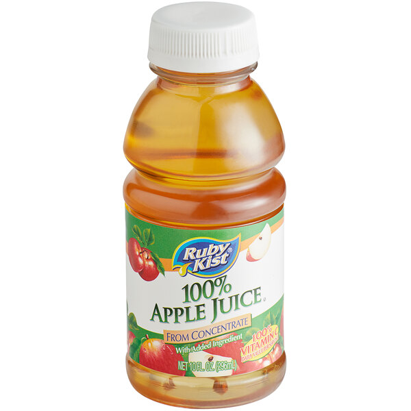 A close up of a Ruby Kist Apple Juice bottle with a label.