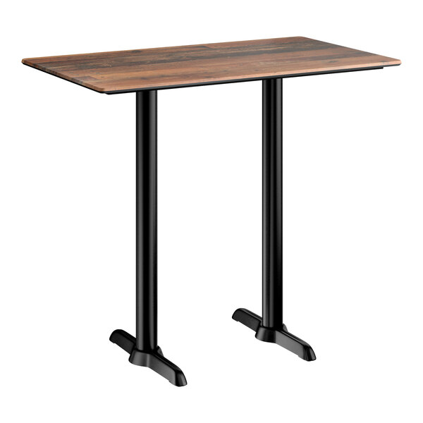 Lancaster Table & Seating Excalibur 28" x 48" Rectangular Bar Height Table with Textured Farmhouse Finish and Two End Outdoor Base Plates