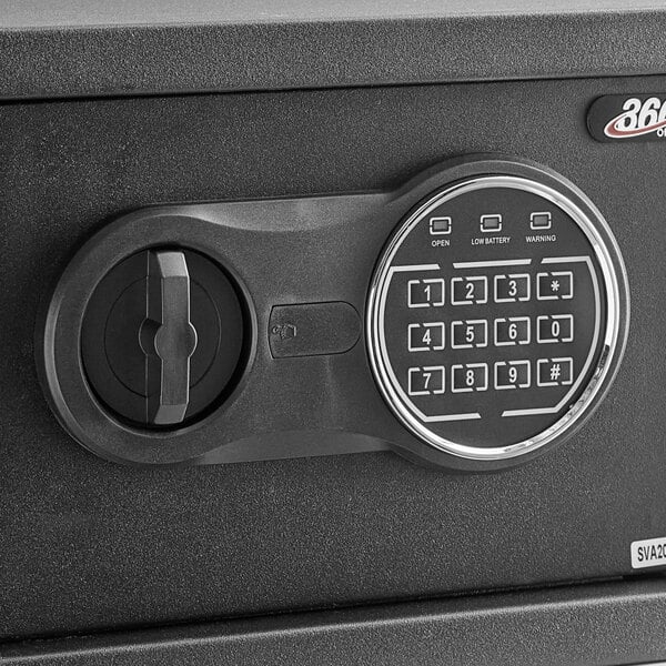 A black steel security safe with electronic keypad lock.