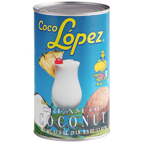 A can of Coco Lopez Cream of Coconut on a white background.