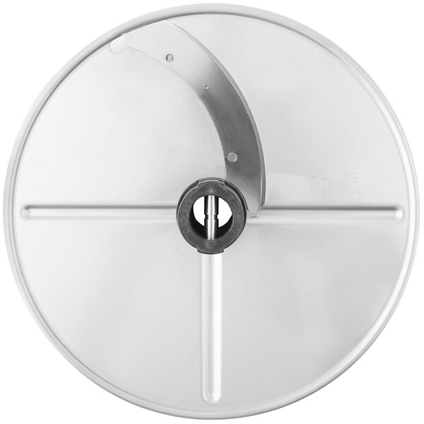 A circular metal object with a blade and a hole in the center.
