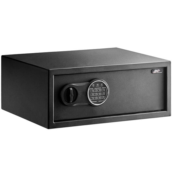A black steel security safe with electronic keypad lock.