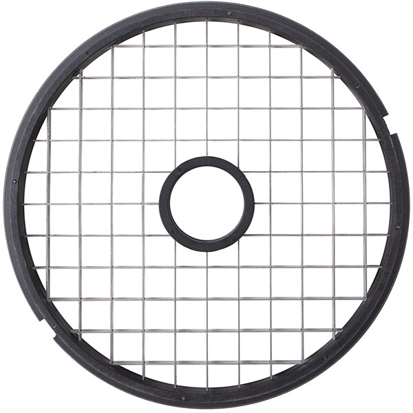 A round metal dicing grid with holes in it.