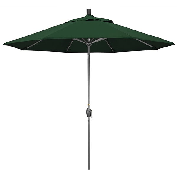 A close up of a green California Umbrella on a hammertone aluminum pole.