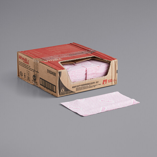 A box of red WypAll foodservice wipers.