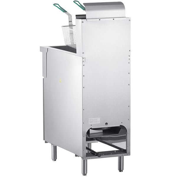 A large stainless steel Cooking Performance Group floor fryer with a wire basket.