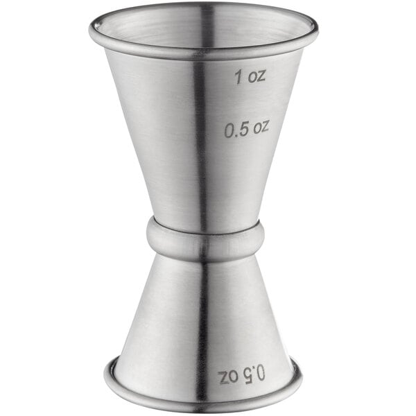 A Tablecraft stainless steel Japanese jigger with measurements.