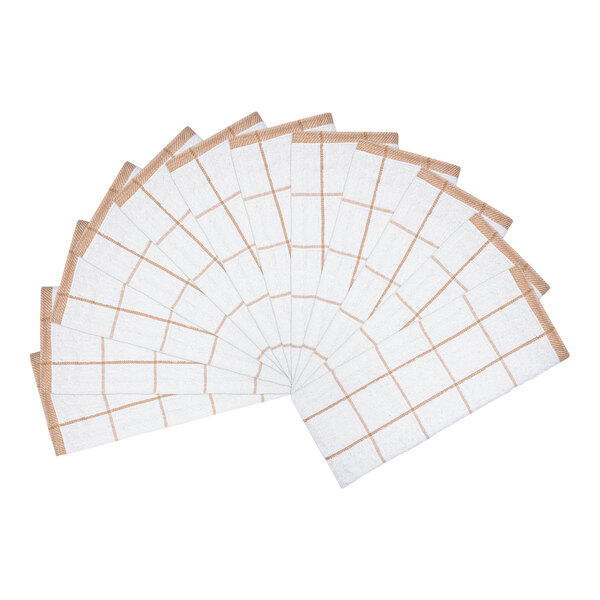 A set of twelve white rectangular towels with a tan windowpane pattern, fanned out in a semi-circle.