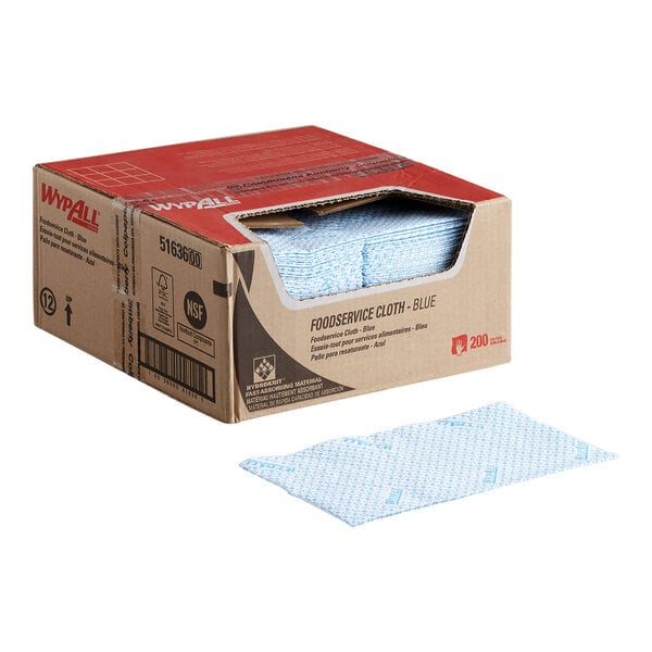A box of WypAll blue foodservice wipers with one wiper displayed in front.