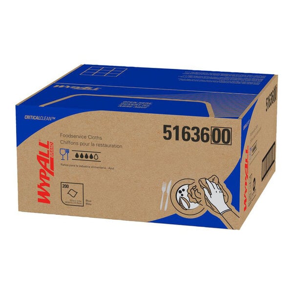 A cardboard box with blue and red graphics labeled 'WypAll' containing 200 blue foodservice cloths.