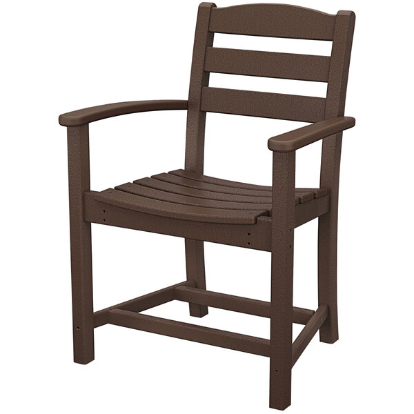 A brown POLYWOOD La Casa Cafe dining arm chair with armrests.