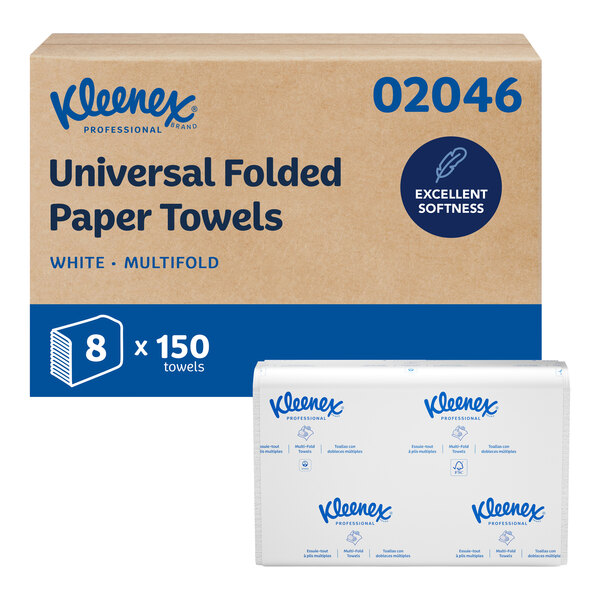 A case of Kleenex Universal Folded Paper Towels containing 8 packs of 150 white multifold towels each.