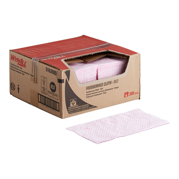 A box of WypAll red foodservice wipers with one wiper displayed in front.