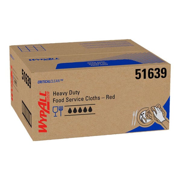 A cardboard box labeled 'WypAll Heavy Duty Food Service Cloths – Red' with product number 51639 and an illustration of hands cleaning a plate.